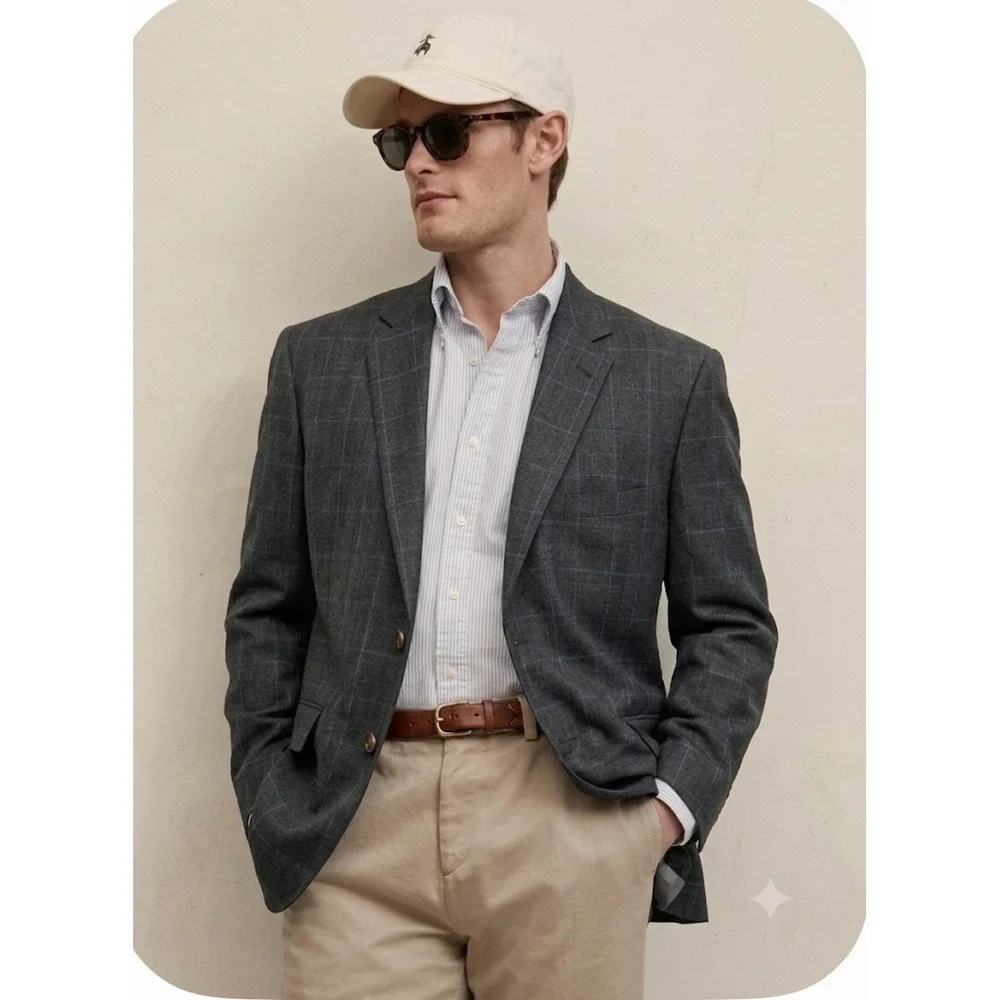 Brooks Brothers 1818 Fitzgerald Blazer 50L Gray Blue Windowpane Wool Sport Coat